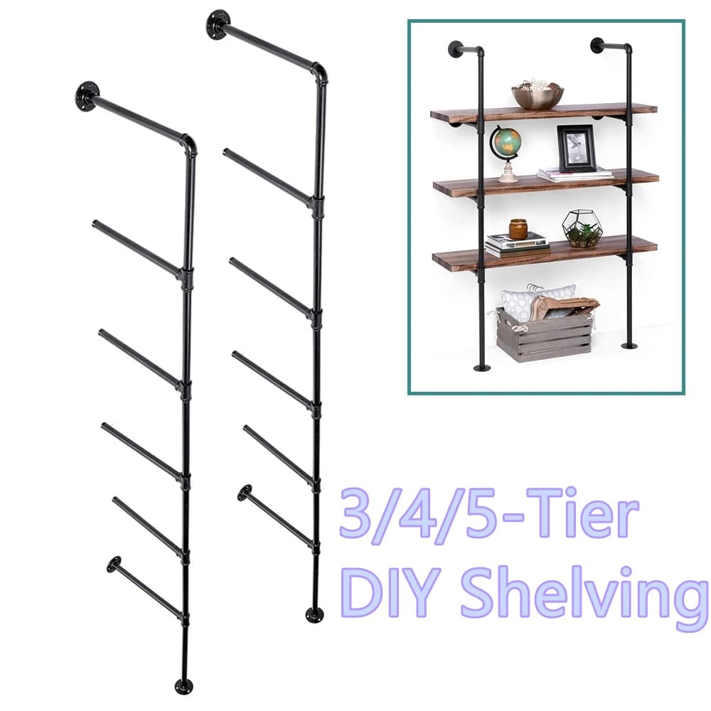 Parede Suporte Prateleira para Home Decor, Pendurado Prateleiras De Armazenamento, Tubo De Ferro Prateleiras, Preto Mobiliário Industrial, DIY, 5 Tiers, 2 Pcs