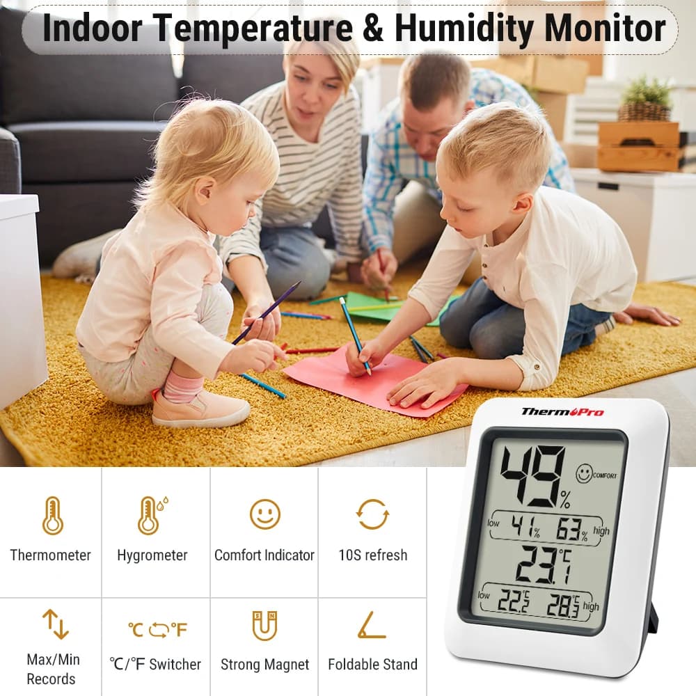Termômetro digital higrômetro ThermoPro TP50, branco, fundo branco, tela digital com temperatura e umidade.