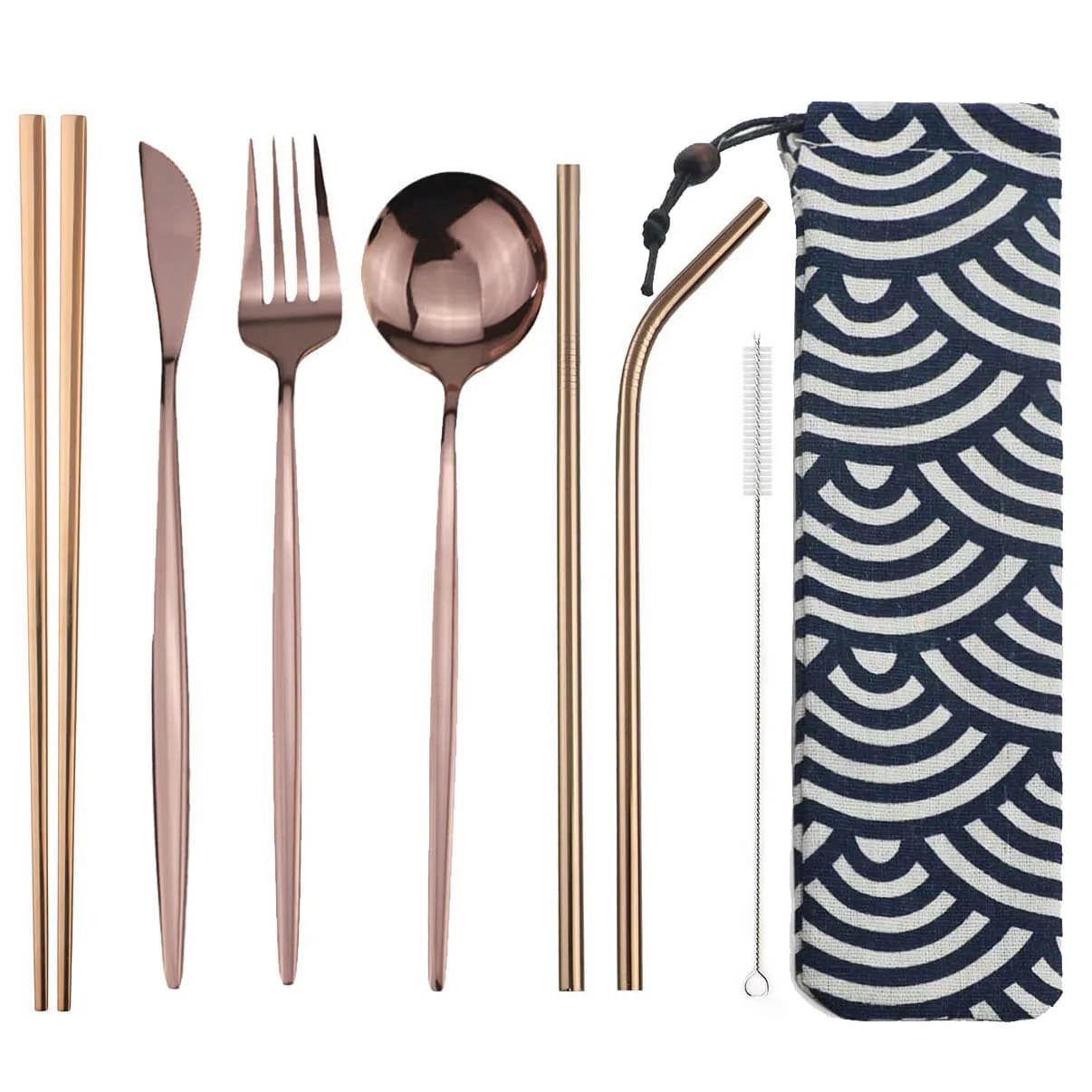 Kit de talheres de viagem em aço inoxidável 304 rose gold com bolsa azul estampada 8 peças
