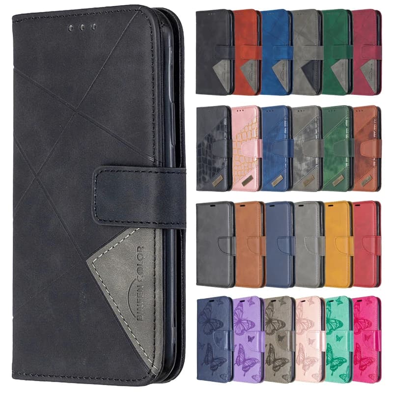 Capa de couro flip preta para Xiaomi Redmi Note 10 com padrão geométrico e opções de cores variadas