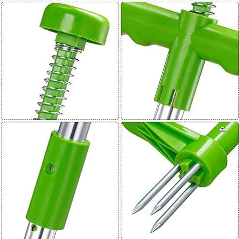 Ferramenta de remoção de ervas daninhas portátil com alça longa e pontas de metal, verde e aço inoxidável.