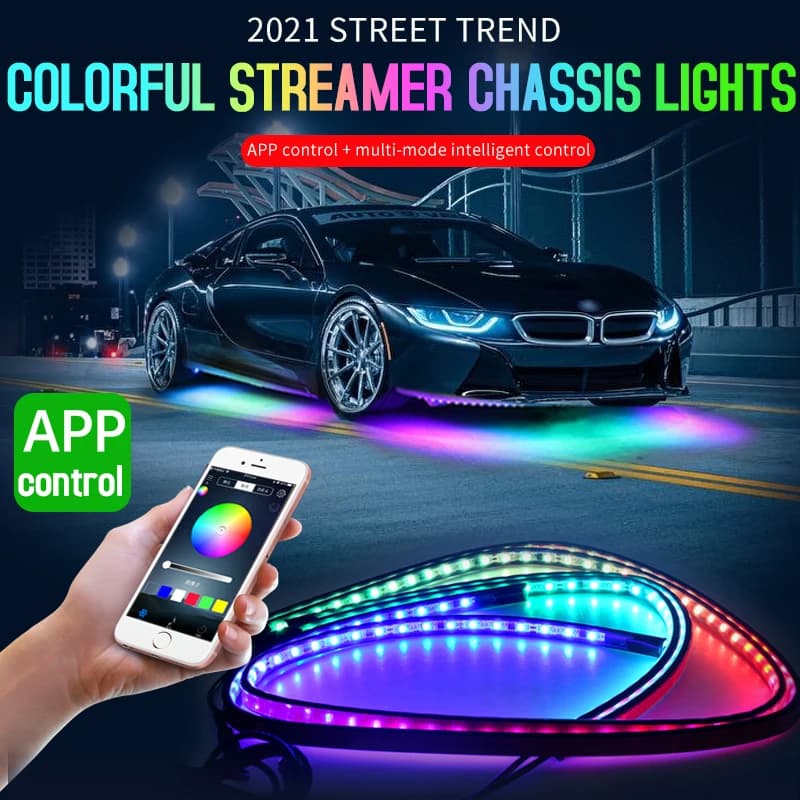 Carro Underbody Streamer Faixa de Luz Ambiente, Retroiluminação LED, RGB Flexível, App Remote, Estilo Decorativo, Atmosfera Lâmpada de Neon, Novo, 12V