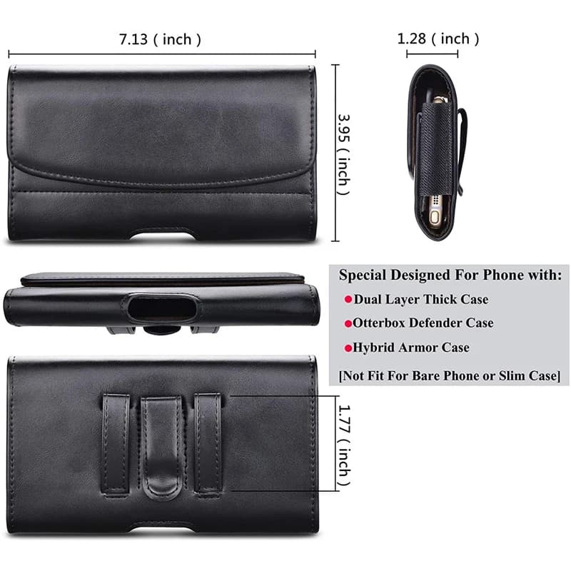 Capa para celular Motorola linha Moto g em couro preto com clipe de cinto e medidas detalhadas