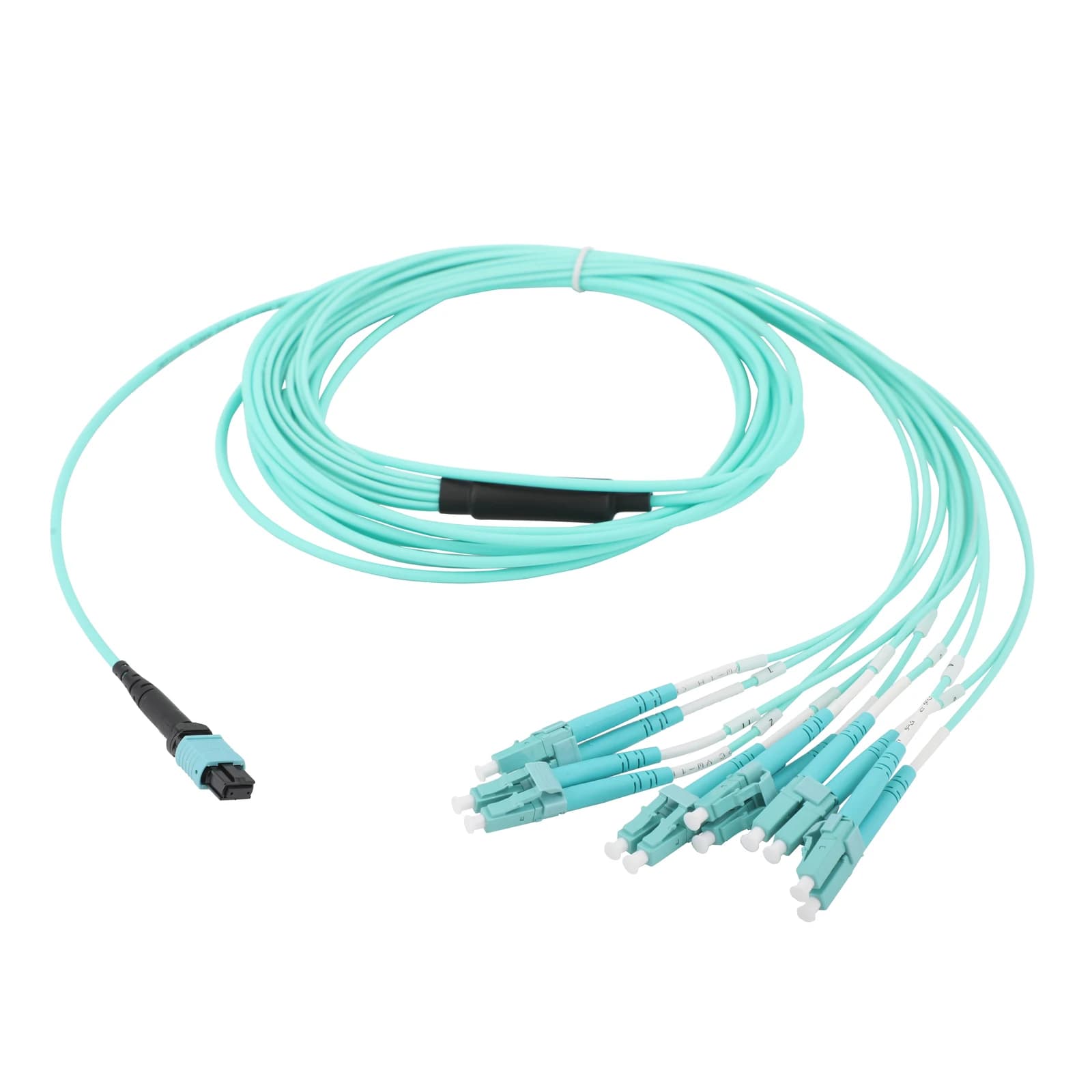 Cabo de fibra óptica multimodo 10G OM3 turquesa com conector MPO e 12 conectores LC organizados