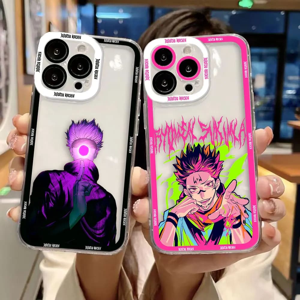 Capa transparente para celular Xiaomi Redmi Note com design de personagem de anime, Satoru Gojo, em fundo branco com detalhes em preto e rosa.