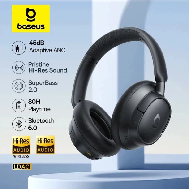 Fone de ouvido sem fio Baseus EH10 NC ANC com cancelamento de ruído adaptativo, som Hi-Res, SuperBass 2.0, 80 horas de reprodução, Bluetooth 6.0 e LDAC