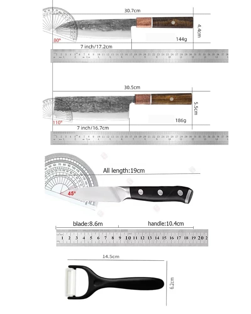 Dimensões da faca WXCOO Kiritsuke profissional com lâmina de 17 cm e cabo de madeira preta, comparativo com faca e descascador
