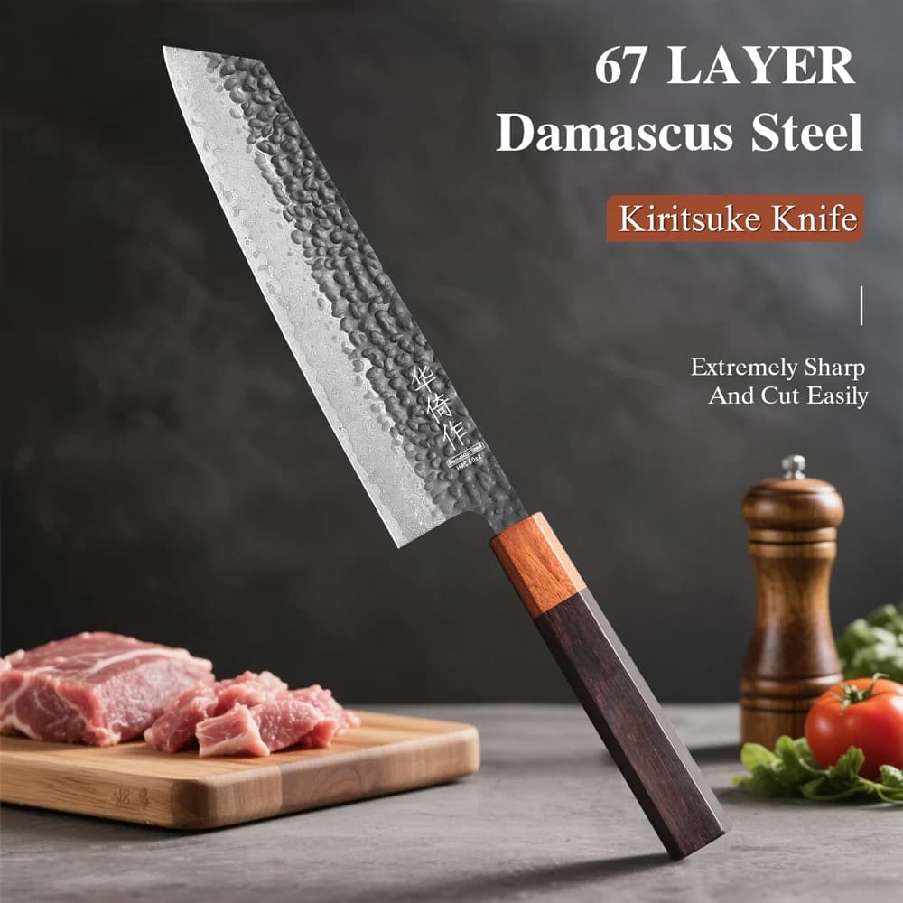 Faca de chef Kiritsuke japonesa de 8,2 polegadas em aço damasco, lâmina texturizada, cabo de madeira, fundo escuro