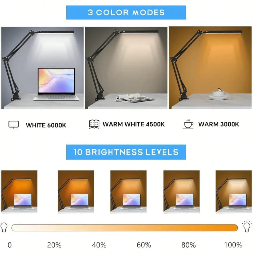 Luminária de mesa LED ajustável preta com três modos de cor e dez níveis de brilho para proteção dos olhos