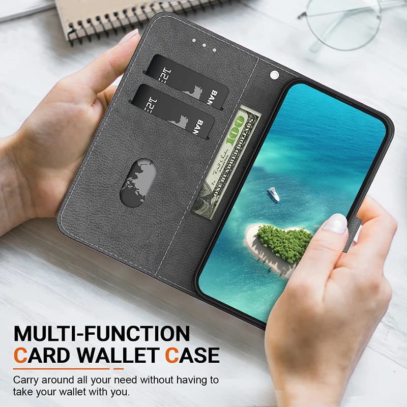 Capa carteira preta para Xiaomi Redmi 15 com compartimentos para cartões e dinheiro