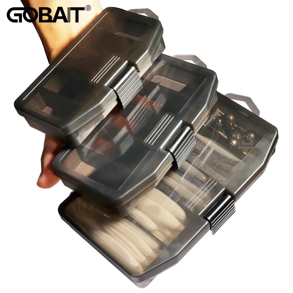 Conjunto de caixas de pesca GOBait marrom translúcido com divisórias internas e fechamento seguro