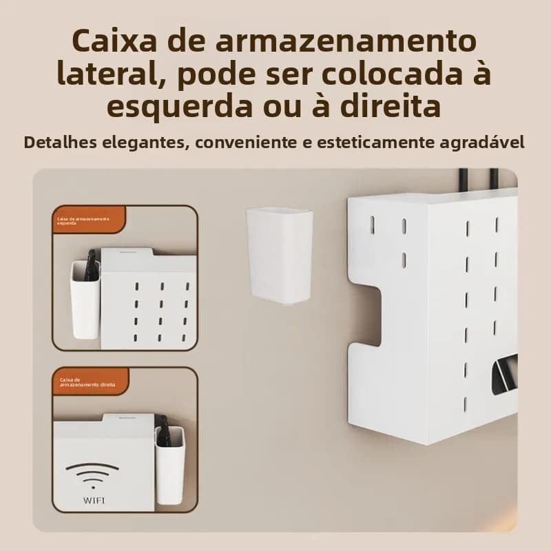 Suporte de parede branco com caixa de armazenamento lateral removível para controle remoto, pode ser fixada à esquerda ou direita