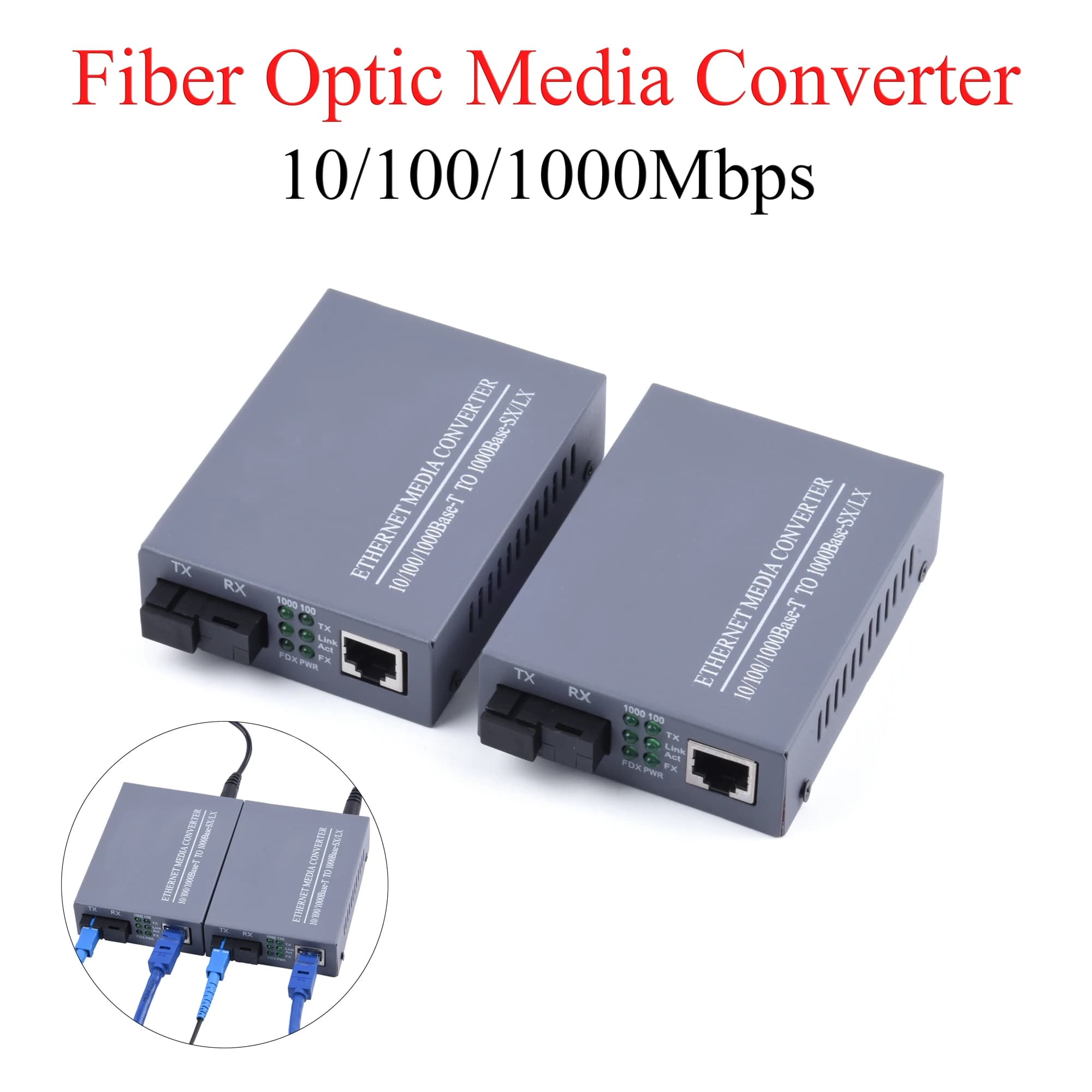 Conversor de mídia óptica de fibra Gigabit 10/100/1000Mbps Modo único 20Km UPC/APC SC-Port Fonte de alimentação externa