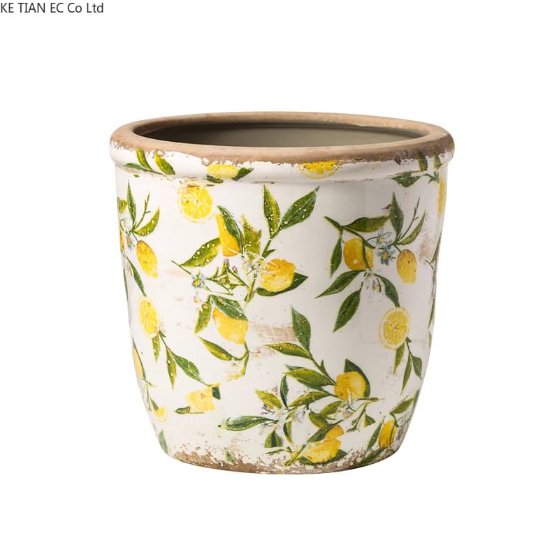 Vaso para plantas Jácotei vintage nórdico em cerâmica branca com estampa de limões amarelos e folhas verdes