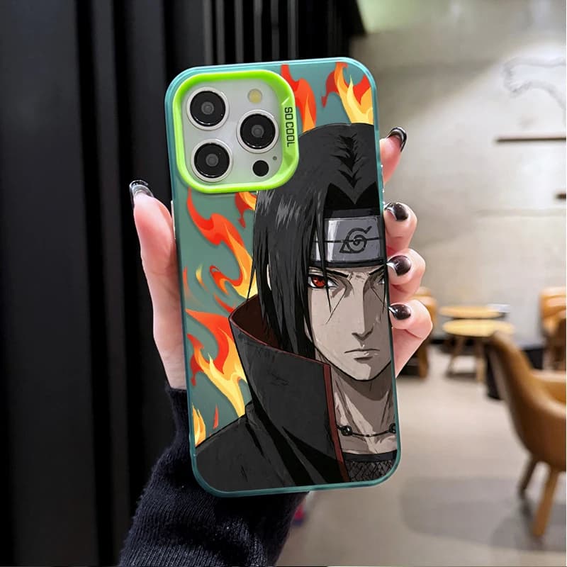 Capa verde para Xiaomi POCO com estampa Uchiha Itachi e chamas laranja, proteção contra impacto para celular