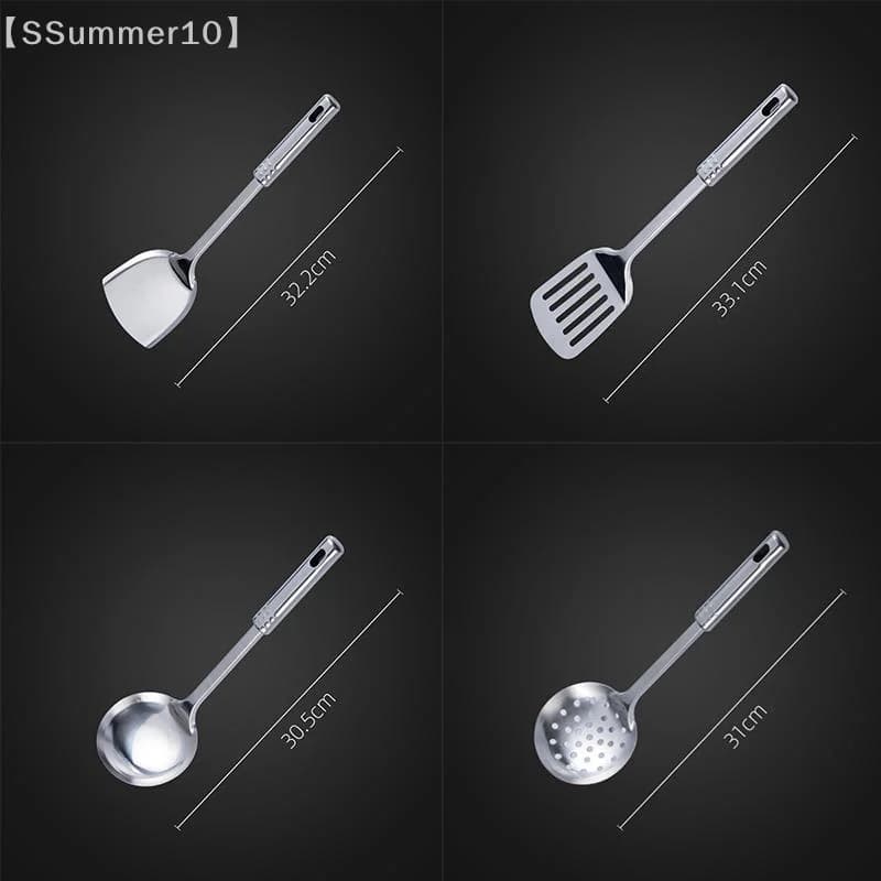 Medidas dos utensílios de cozinha inox 4 peças com design prateado e cabo com furo para pendurar