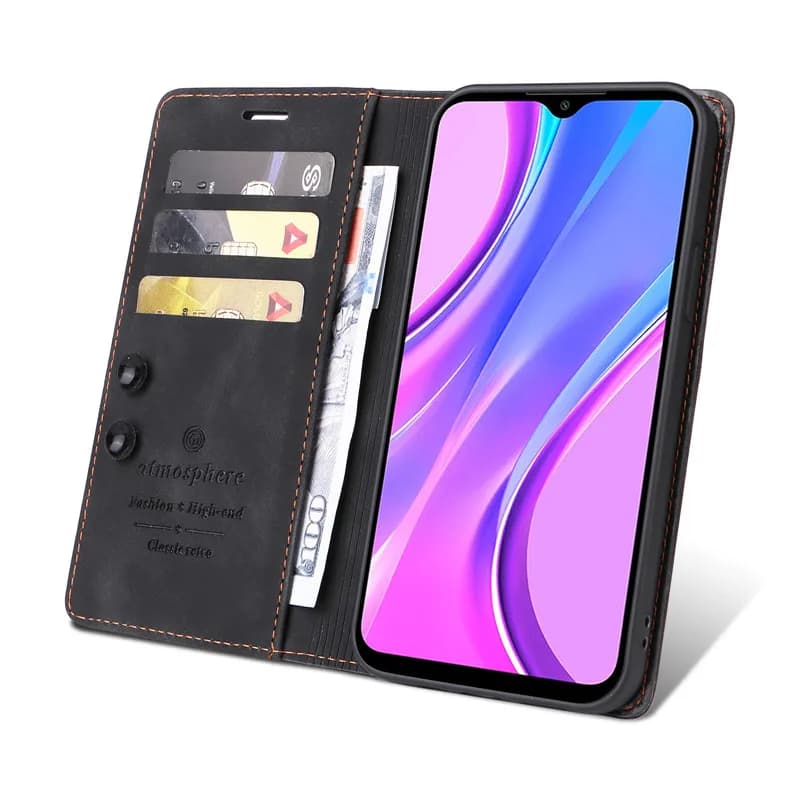 Capa flip preta para Poco X3 com compartimentos para cartões e bolso para dinheiro em couro sintético