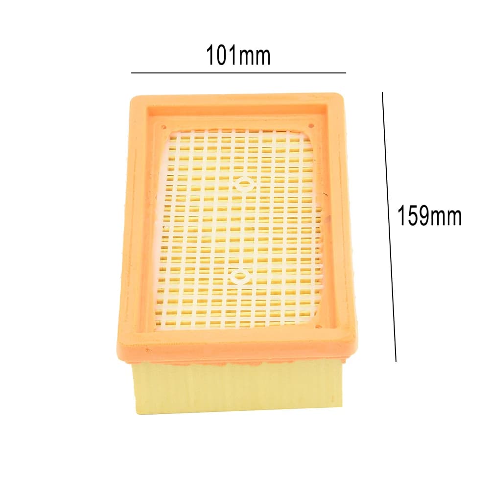 Filtro retangular para aspirador Karcher com medidas 101mm x 159mm em amarelo e laranja