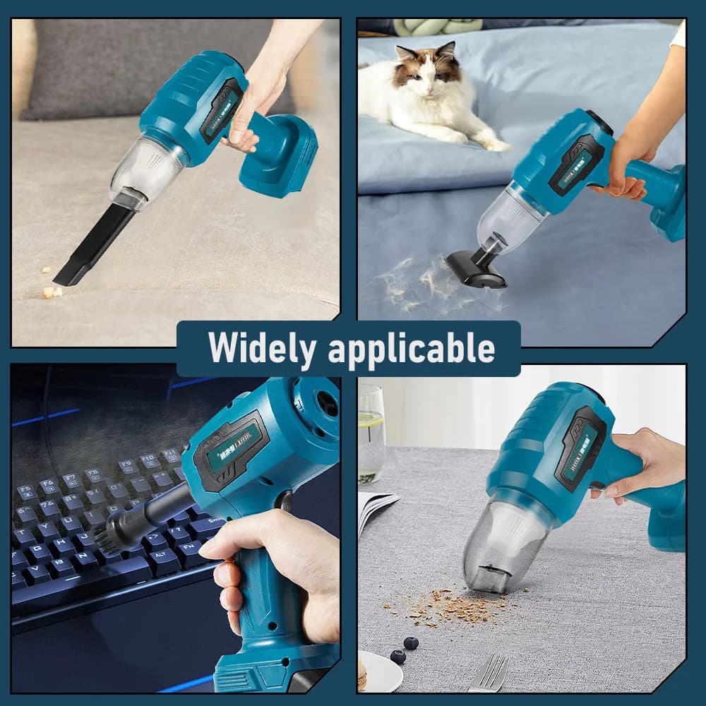 Aspirador portátil azul sem fio usado para limpar sofá, teclado e superfícies diversas