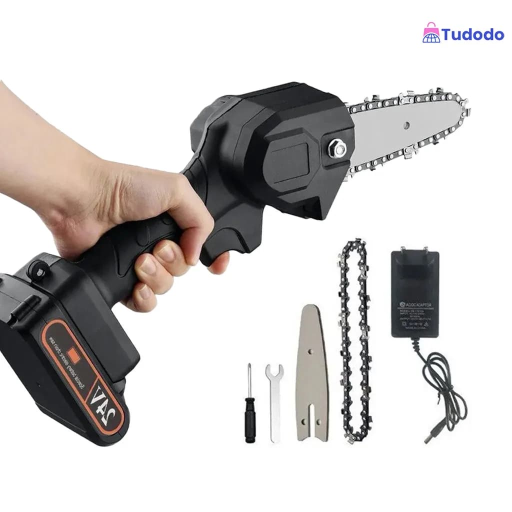 Mini Motosserra Elétrica de 4 Polegadas Recarregável Bivolt para Poda e Jardinagem com Som de Bateria