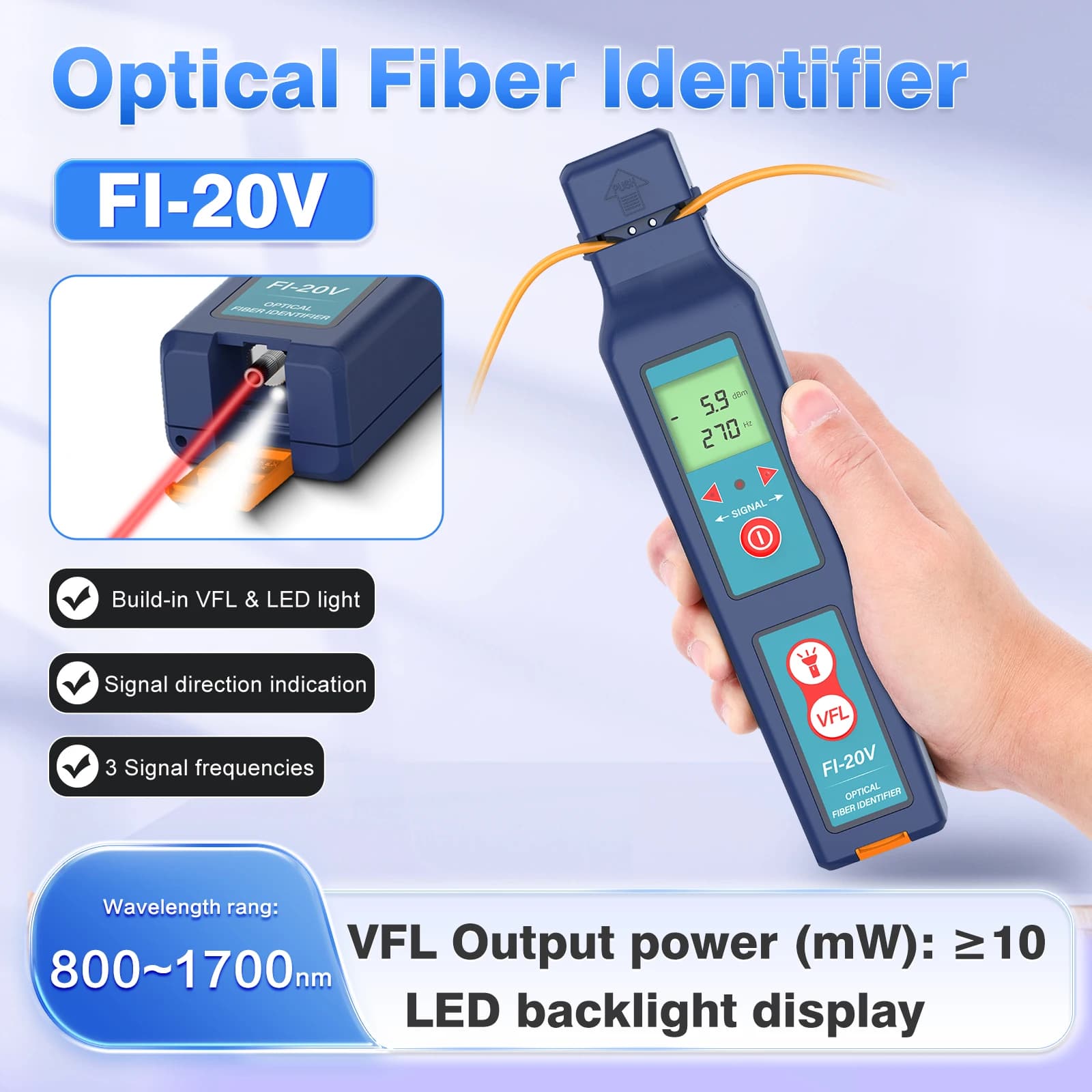 Identificador de Fibra Óptica FI-20V Equivalente ao OFI-40V 800~1700nm, Detecção de Comprimento de Onda, Indicação de Direção de Sinal, VFL 5-8km, Luz LED
