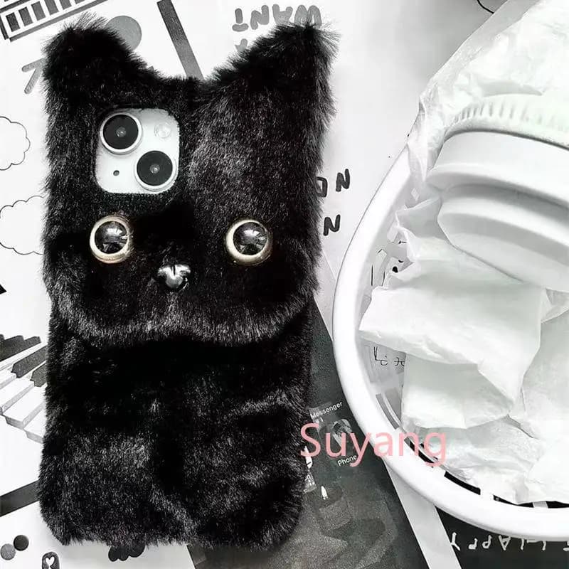 Capa de telefone pelúcia macia preta com olhos 3D e orelhas estilo gato para Xiaomi