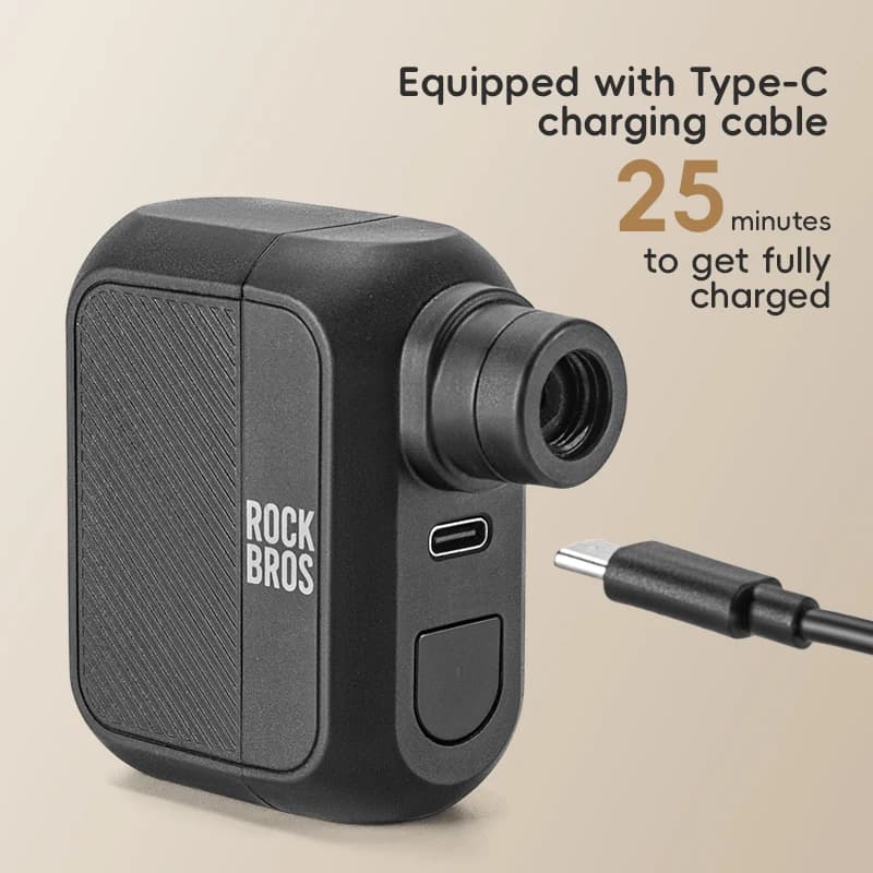Bomba de ar elétrica portátil Rockbros preta com cabo de carregamento USB tipo C para recarga rápida em 25 minutos
