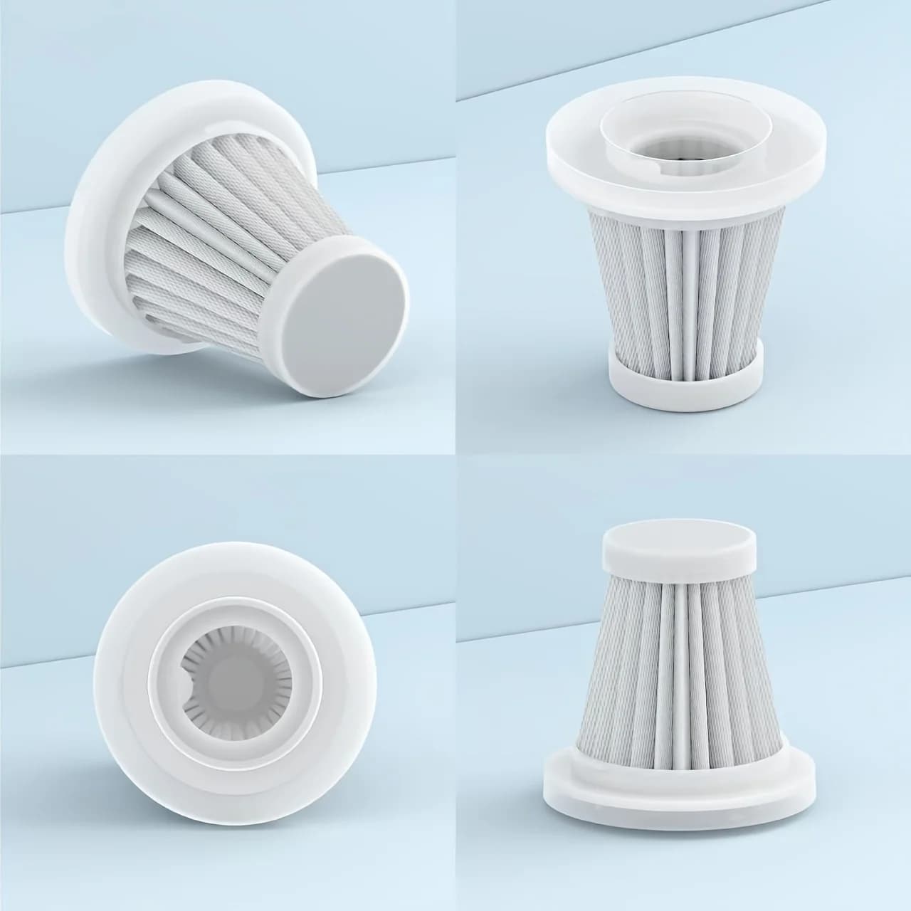 Filtro branco para aspirador portátil com design cônico e material filtrante reutilizável em 4 ângulos