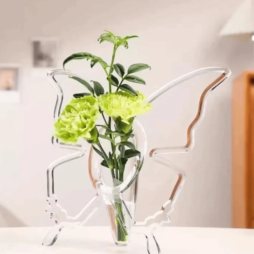 Vaso acrílico transparente borboleta com flores verdes decoração estética minimalista