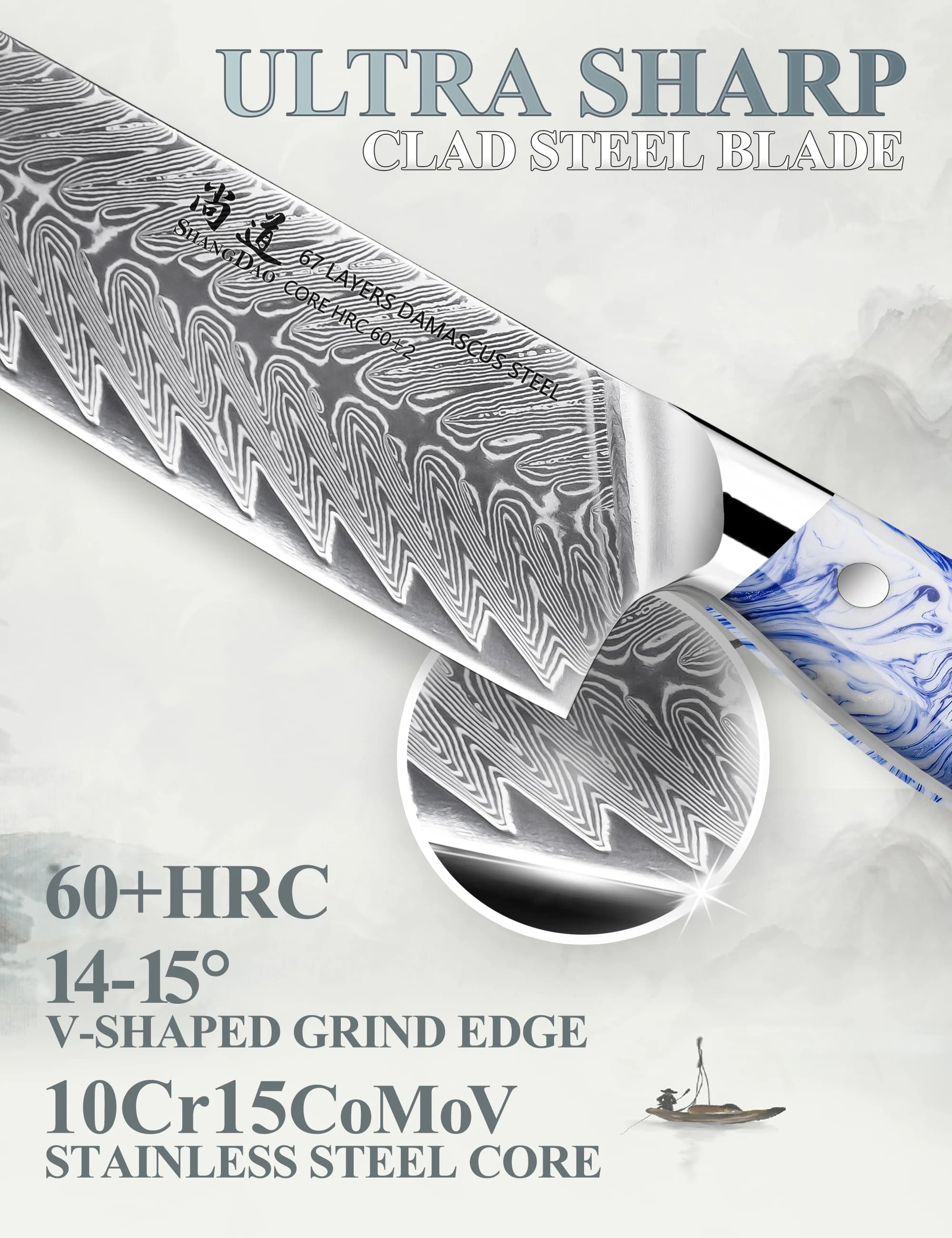 Faca de Chef Kiritsuke SHANGDAO 8 Polegadas, Aço Damasco VG10 com Cabo de Resina Azul e Branca