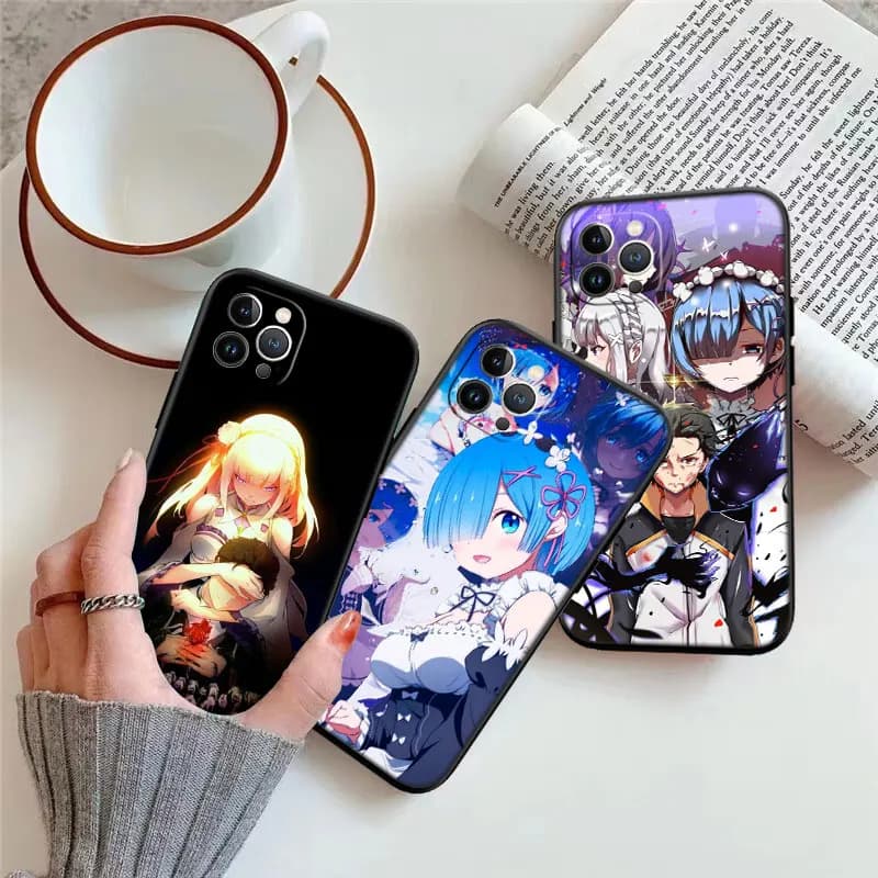Capas de celular Xiaomi Poco com design anime Re:Zero Emilia Ram Rem em fundo preto e colorido
