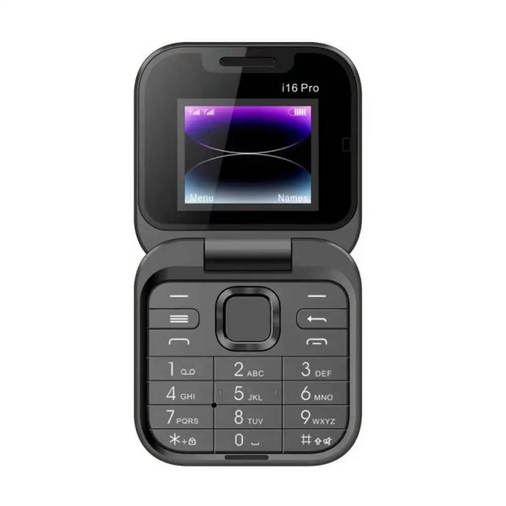 Telefone celular infantil i16pro flip preto com tela colorida e teclado numérico dobrável
