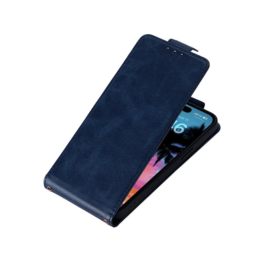 Capa flip azul para Xiaomi, com suporte para três cartões, tampa aberta mostrando a tela do telefone.