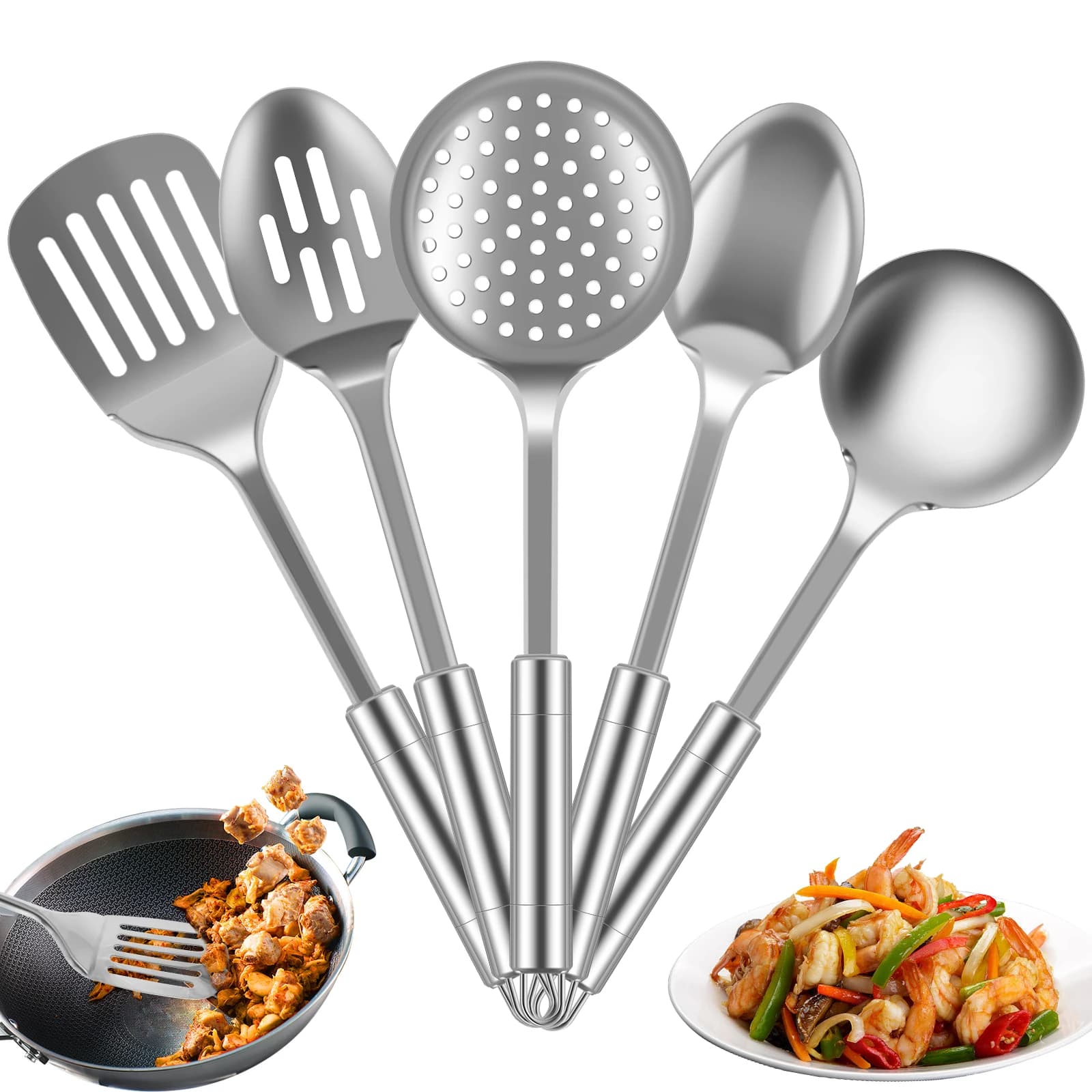 Conjunto de utensílios de cozinha em aço inoxidável com espátula, colher e peneira