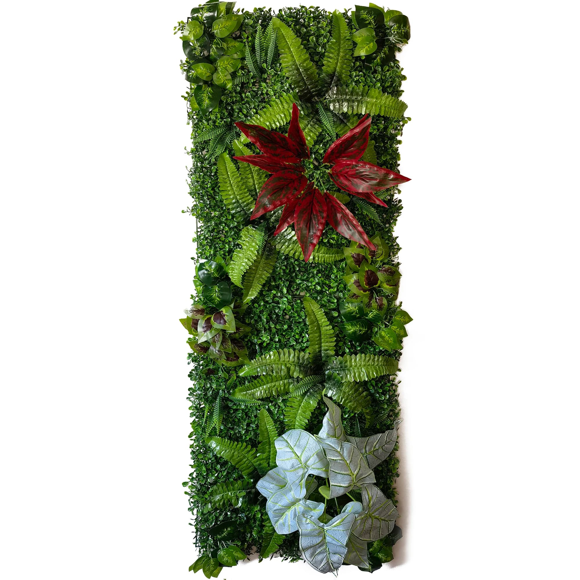 Painel decorativo Jácotei com folhagens artificiais verdes e vermelhas para jardim 40x120 cm