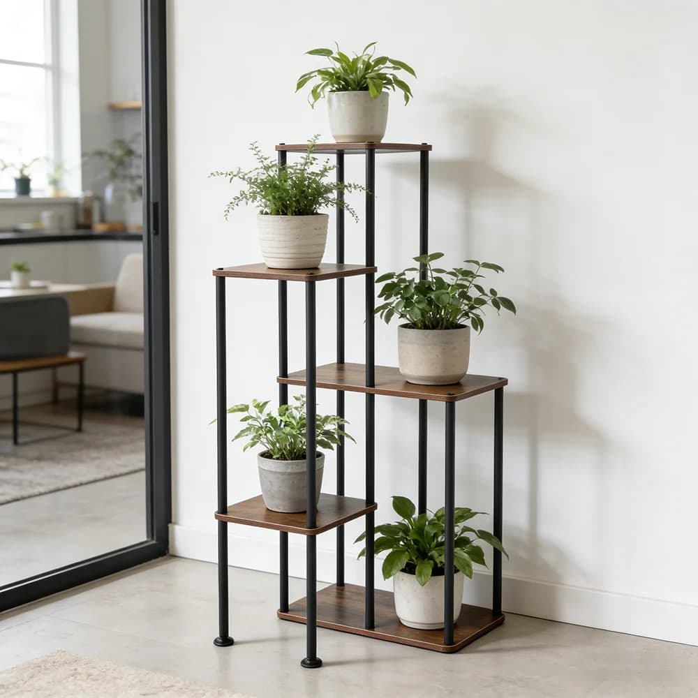 Suporte de plantas industrial rústico com cinco níveis, madeira e metal, para pátio ou varanda