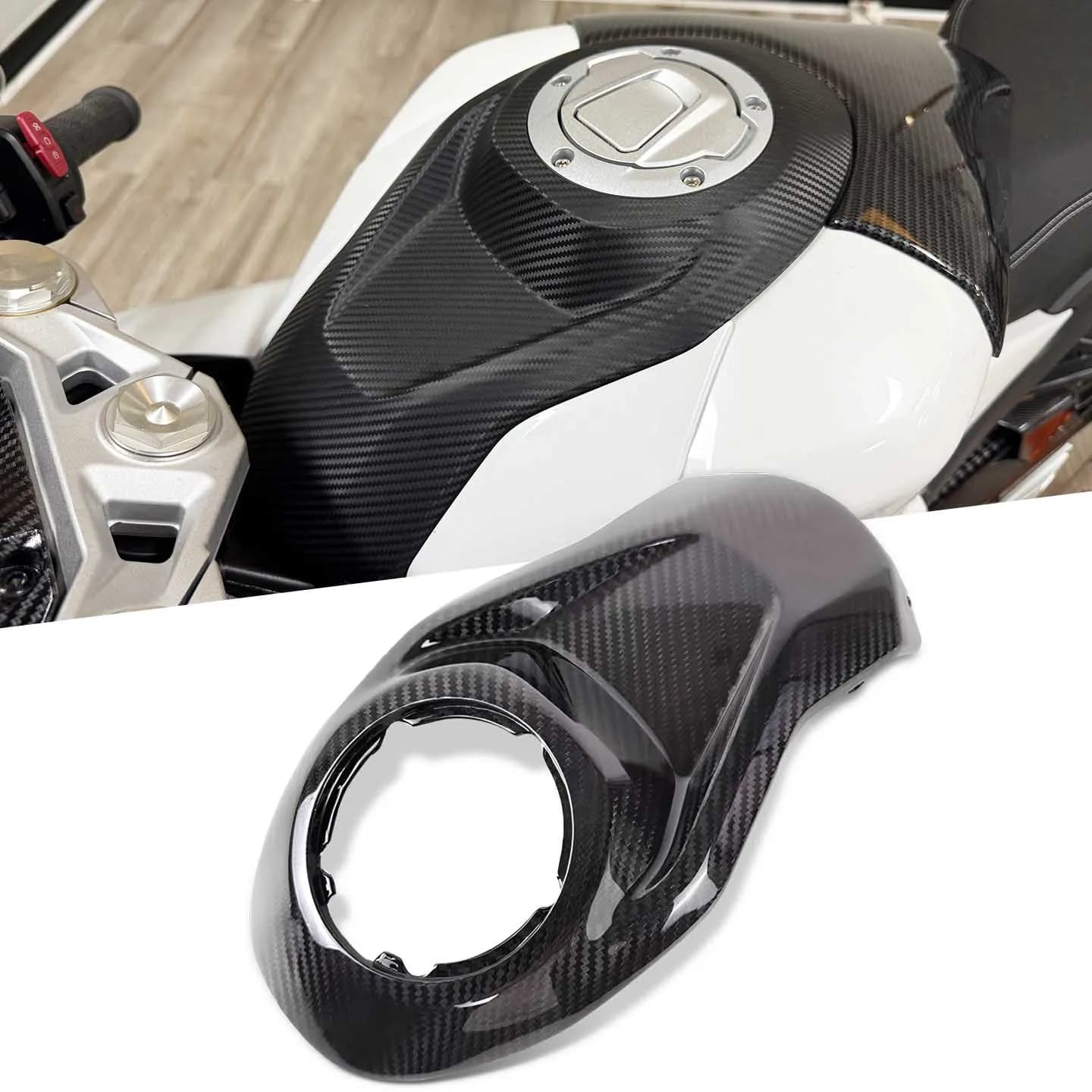 Painel decorativo em fibra de carbono preto para motocicleta, painel superior do tanque de combustível, design aerodinâmico, textura de carbono, furo para enchimento.