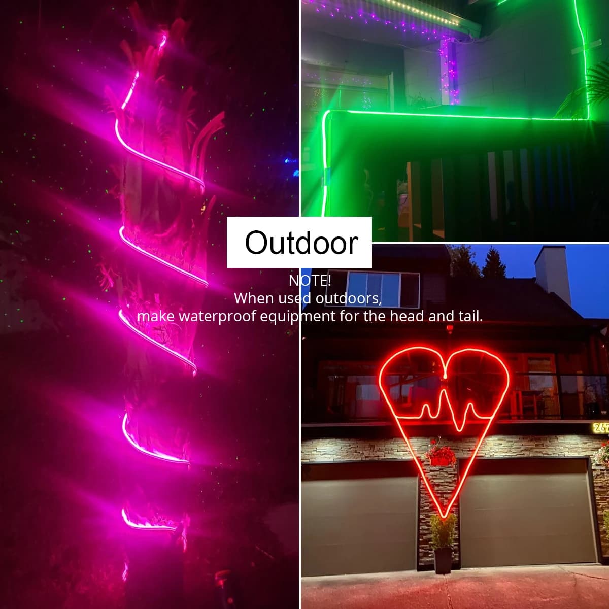 Tira de LED Neon RGB usada em decoração externa, luzes neon coloridas em árvore, parede e fachada
