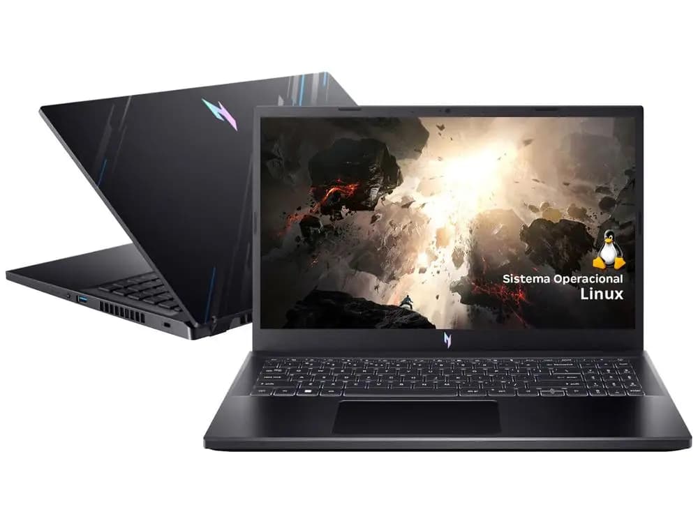 Notebooks gamer Acer Nitro V15 em exibição com sistema operacional Linux na tela