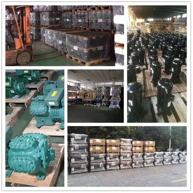 Estoque de compressores de refrigeração variados em pallets em ambiente industrial