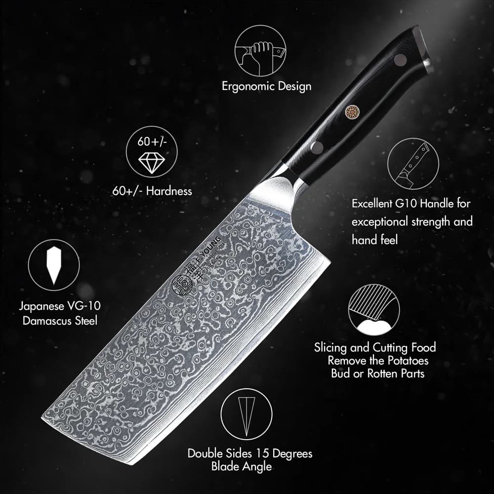 Faca Nakiri F.YOUNG aço damasco VG-10 lâmina dupla 15 graus cabo preto G10 resistência e ergonomia