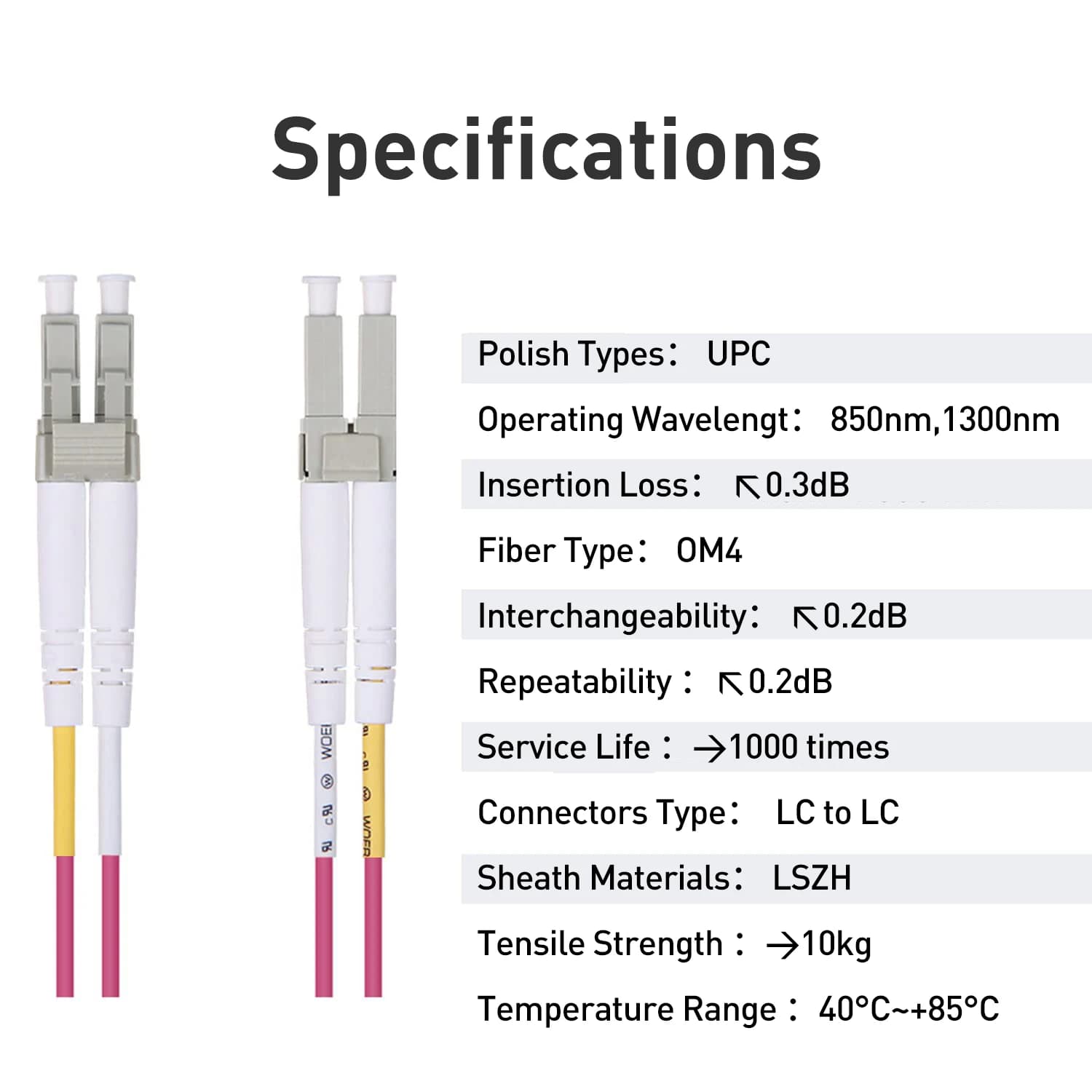 Especificações do cabo de fibra óptica Zoerax OM4 LC para LC UPC rosa com baixa perda de inserção e alta resistência