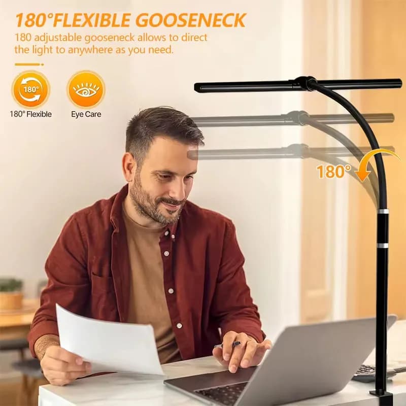 Luminária de mesa LED preta com pescoço flexível 180 graus ajustável para cuidado dos olhos