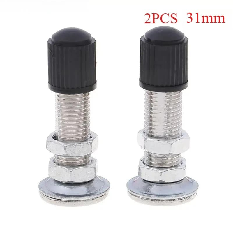Duas válvulas Schrader de 31mm em liga de zinco para bicicletas, tampas pretas e parafusos de fixação
