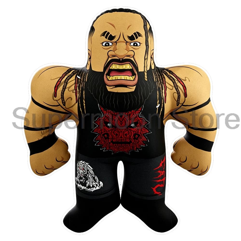 Almofada 3D Jacob Fatu Eagle Big Shots, personagem de desenho animado, musculoso, barba e cabelo longos, camiseta preta com logotipo vermelho.