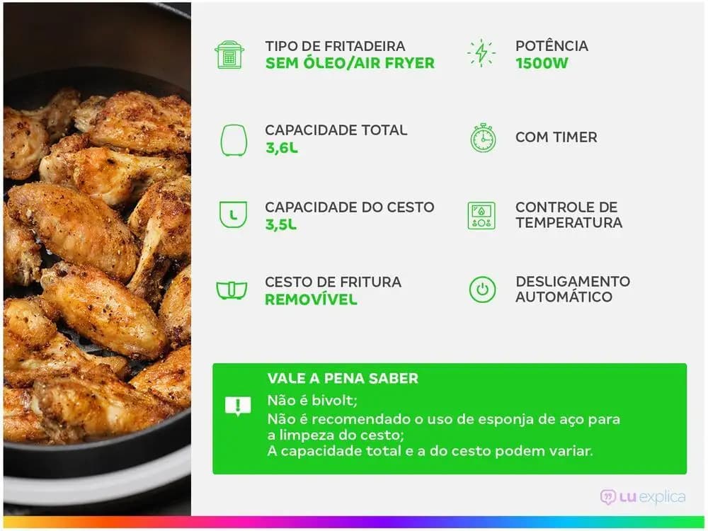Fritadeira Elétrica sem Óleo Mondial com batatas fritas douradas