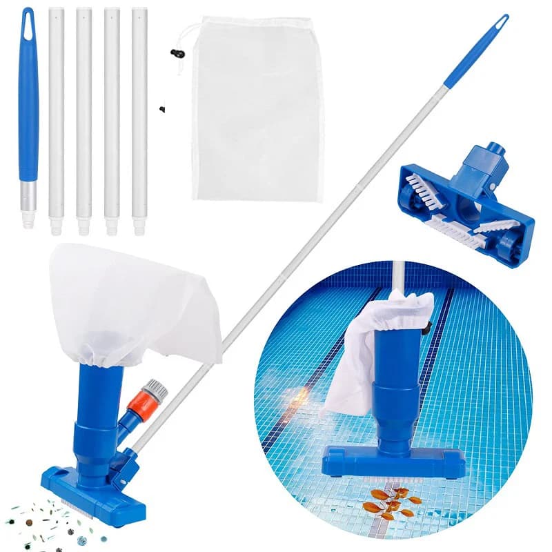 Kit de limpeza para piscina com cabeça de vácuo, saco de escova e haste extensível