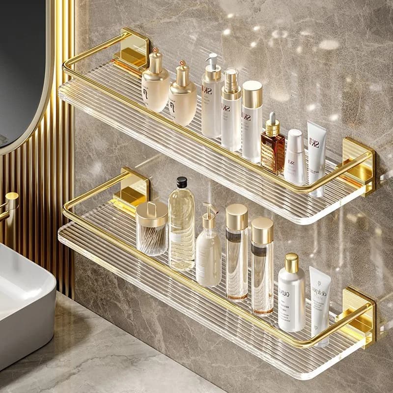 Prateleira de banheiro de luxo sem perfuração, montagem na parede, shampoo, armazenamento de cosméticos, suporte de cozinha, organizador quadrado de acrílico