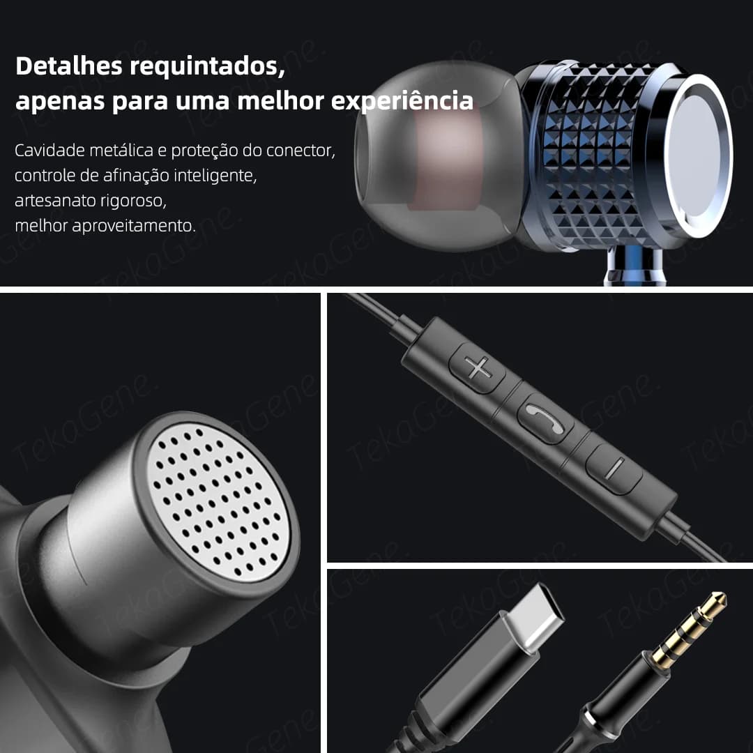Fones de ouvido USB C metálicos com graves potentes, intra-auriculares, som estéreo HiFi, conector Type-C e 3,5 mm.