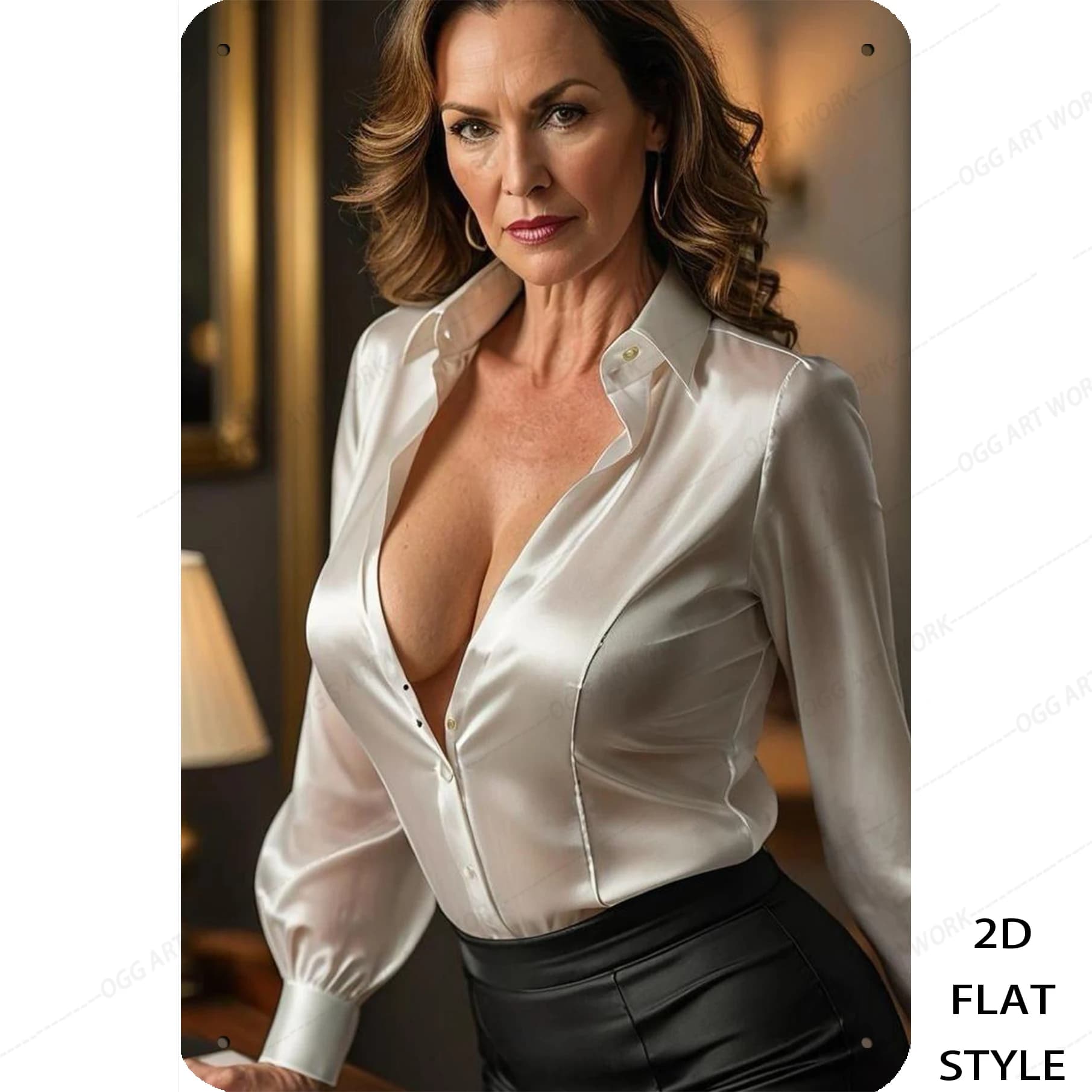 Mulher vestindo uma camisa branca de manga longa e saia preta de couro, estilo 2D.